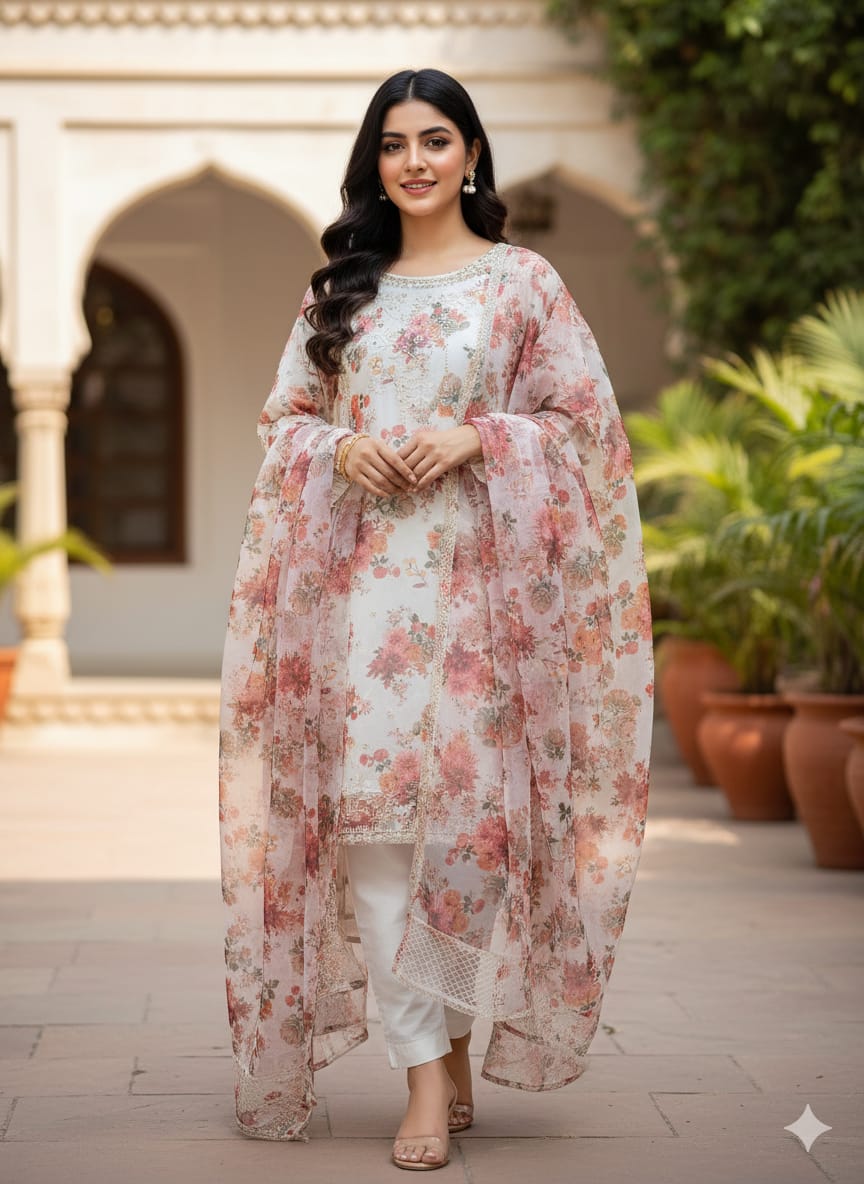Shirt With Heavy Embroidered Sleeves & Organza Digital Printed Heavy Embroidered Dupatta Along With Plain Malai Lawn Pintex Style Trouser 3pc Dress 👗