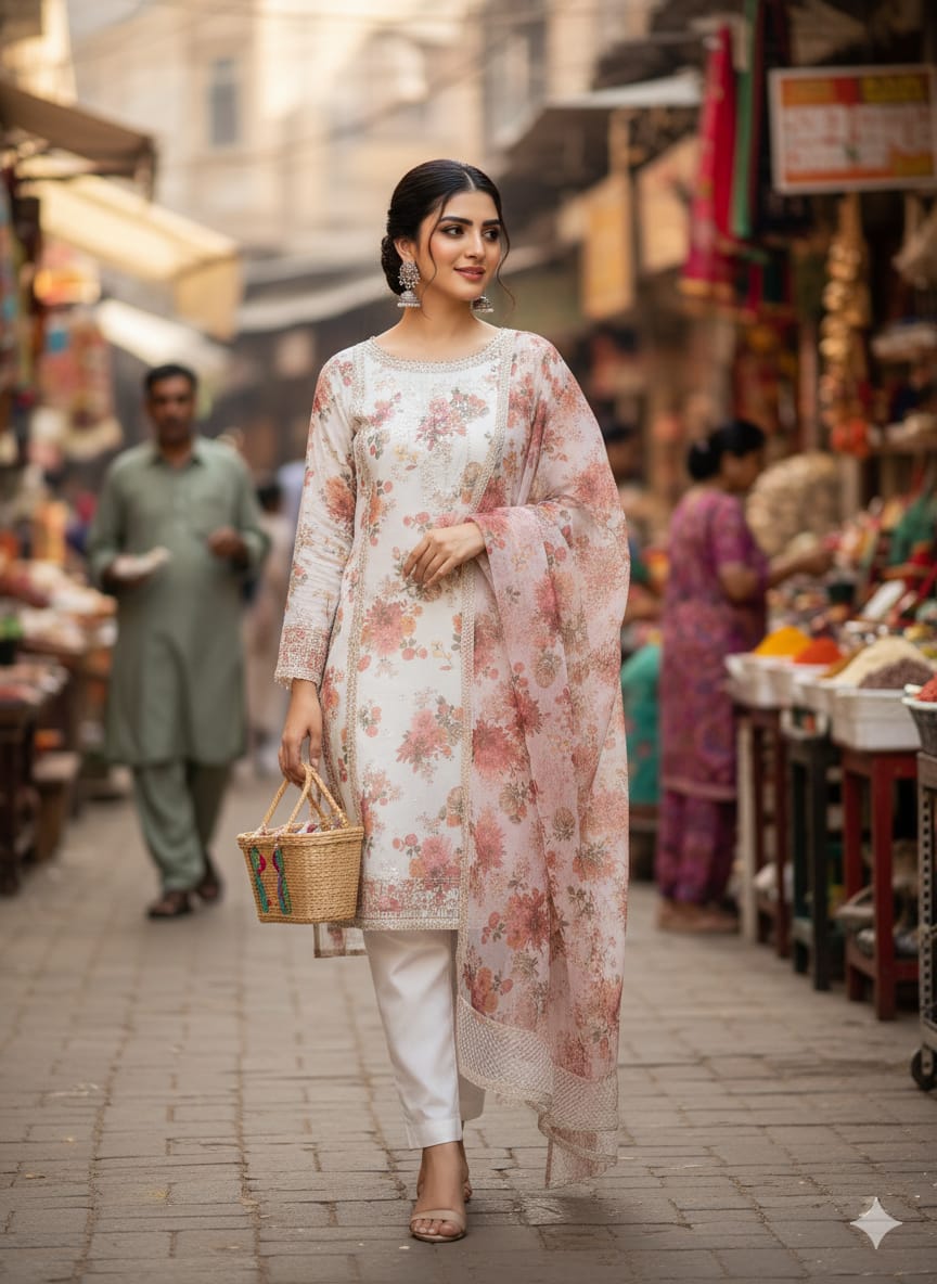 Shirt With Heavy Embroidered Sleeves & Organza Digital Printed Heavy Embroidered Dupatta Along With Plain Malai Lawn Pintex Style Trouser 3pc Dress 👗