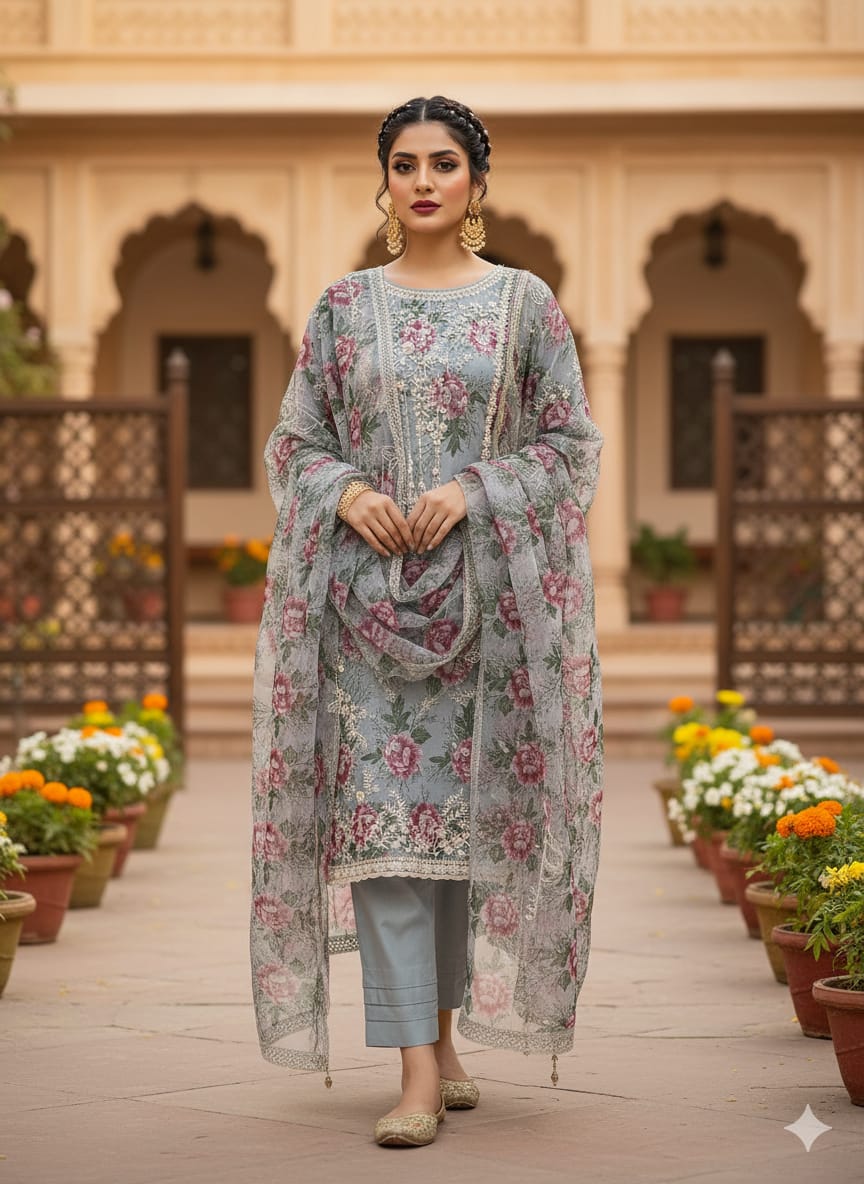 Shirt With Heavy Embroidered Sleeves & Organza Digital Printed Heavy Embroidered Dupatta Along With Plain Malai Lawn Pintex Style Trouser 3pc Dress 👗